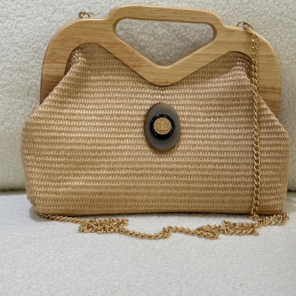 Handwoven Straw and Wood Purse with Repurposed Vintage Chanel Button Adornment - Picture 1 of 5